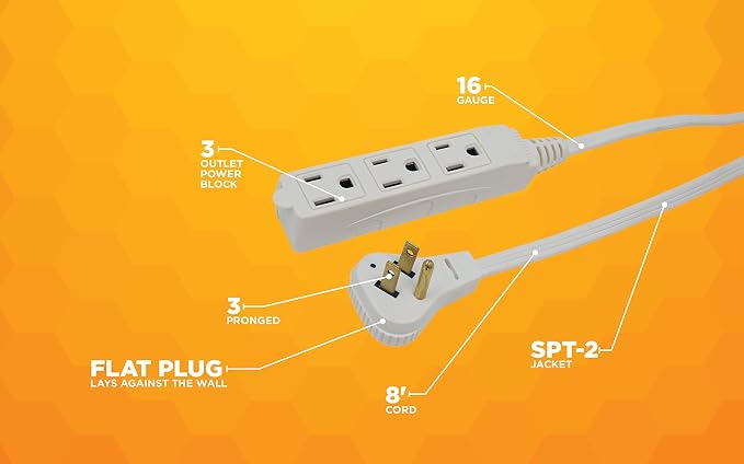 Woods SlimLine Indoor Flat Extension Cord, 8 Ft, 16 Gauge Right Angle Plug - Image 5