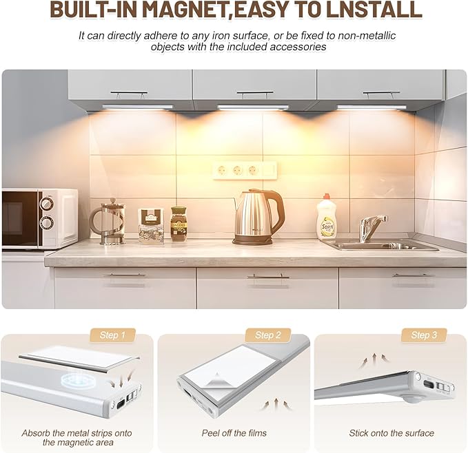 6 Pack Under Cabinet Lighting Wireless, 50 LED Rechargeable Battery Motion - Image 4