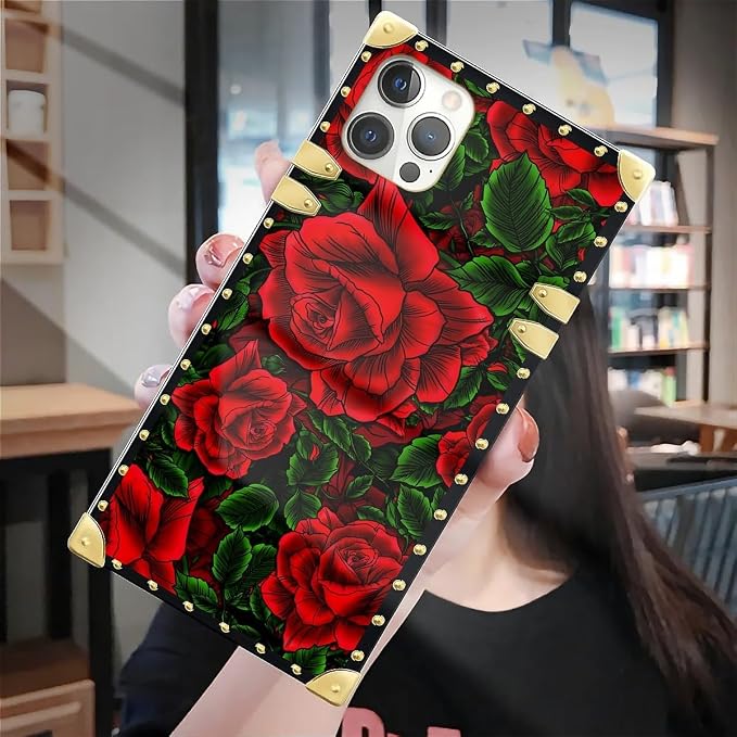 Compatible with iPhone 12 12 Pro Case, Vector Red Rose Green Leaf Luxury Golden - Image 7