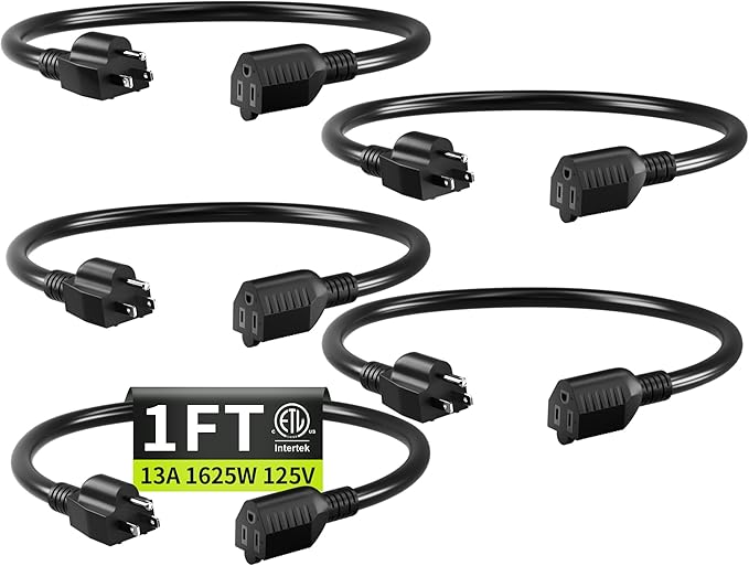 Short Extension Cord 1FT 5 Pack, 16 AWG Black Power Cord Indoor by Seeklyze