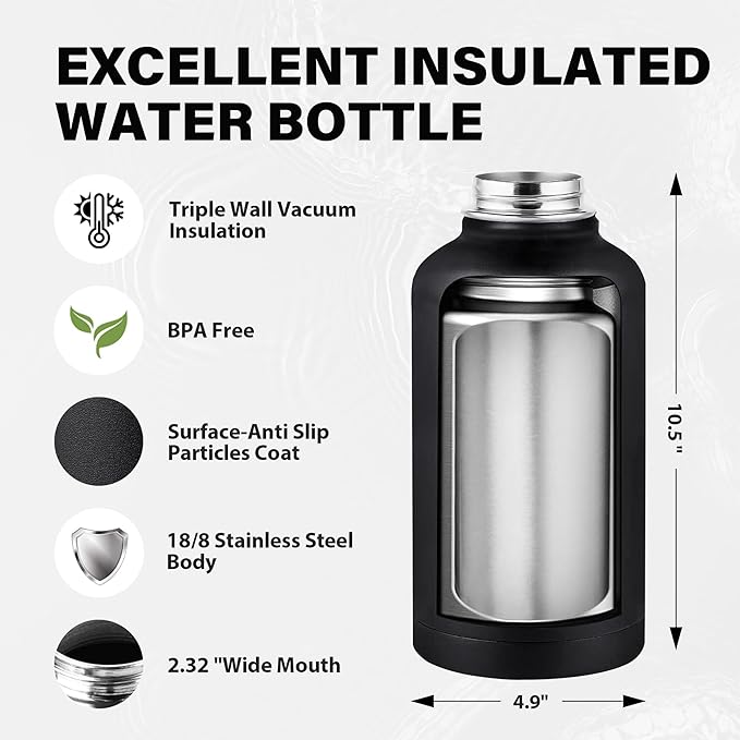 Insulated Water Bottle 64 oz, Triple Wall Vacuum Stainless Steel Water Bottles - Image 4