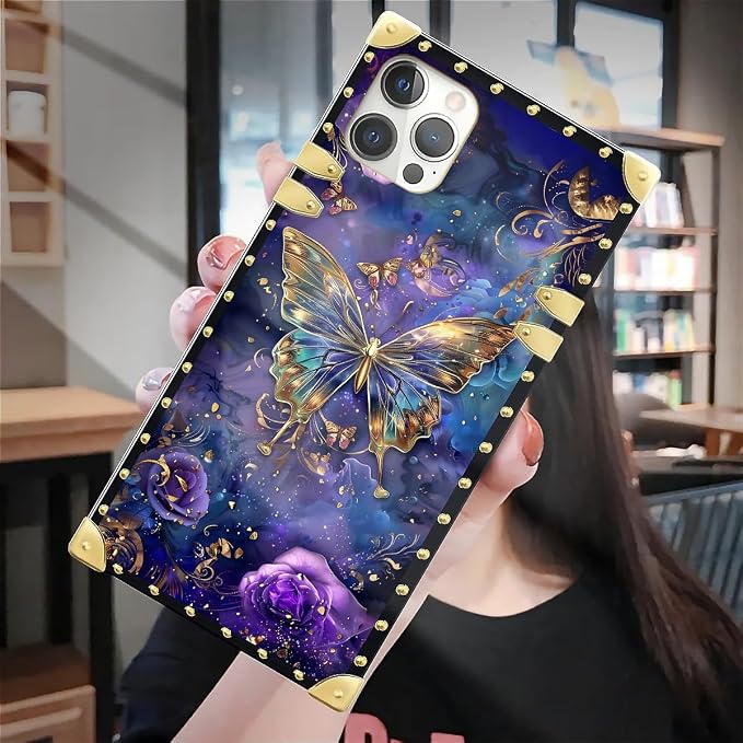Compatible with iPhone 12 Case, Glistening Golden Butterfly Vibrant Purple Blue - Image 7