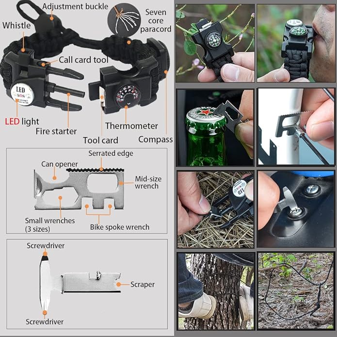 Survival Paracord Bracelet, Fire Starter, Waterproof SOS Light, Adjustable AK87 - Image 2