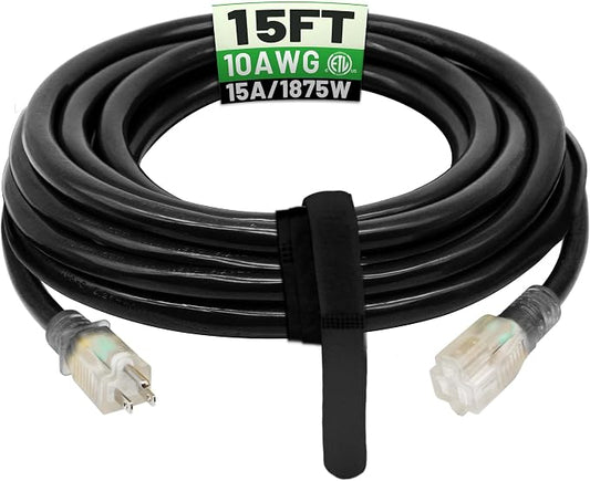 POWGRN 15 Ft 10AWG Black Outdoor Extension Cord Waterproof Heavy Duty 10 Gauge by POWGRN