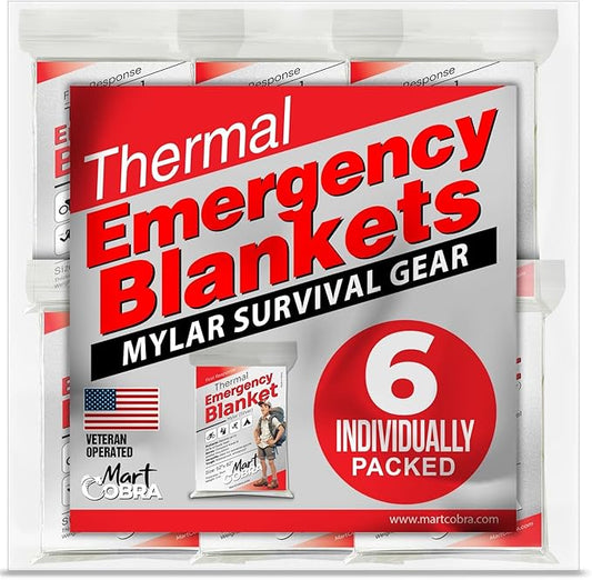 Emergency Blankets for Survival Gear and Equipment x6, Space Blanket, Mylar by MartCobra