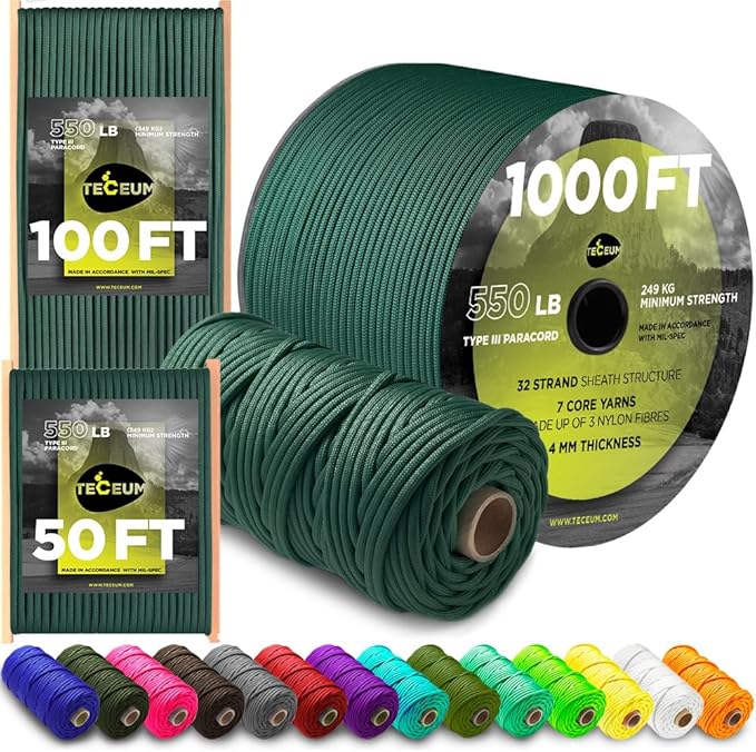 TECEUM Reflective Paracord Rope 1000 – 1000ft/200ft/100ft/50ft – 40+ Colors – by TECEUM