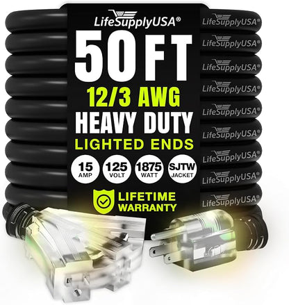 50ft Outdoor/Indoor Extension Cord 3-Outlet 12/3 Gauge Extra Heavy Duty 3 Prong by LifeSupplyUSA