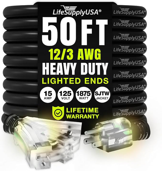 50ft Outdoor/Indoor Extension Cord 3-Outlet 12/3 Gauge Extra Heavy Duty 3 Prong by LifeSupplyUSA