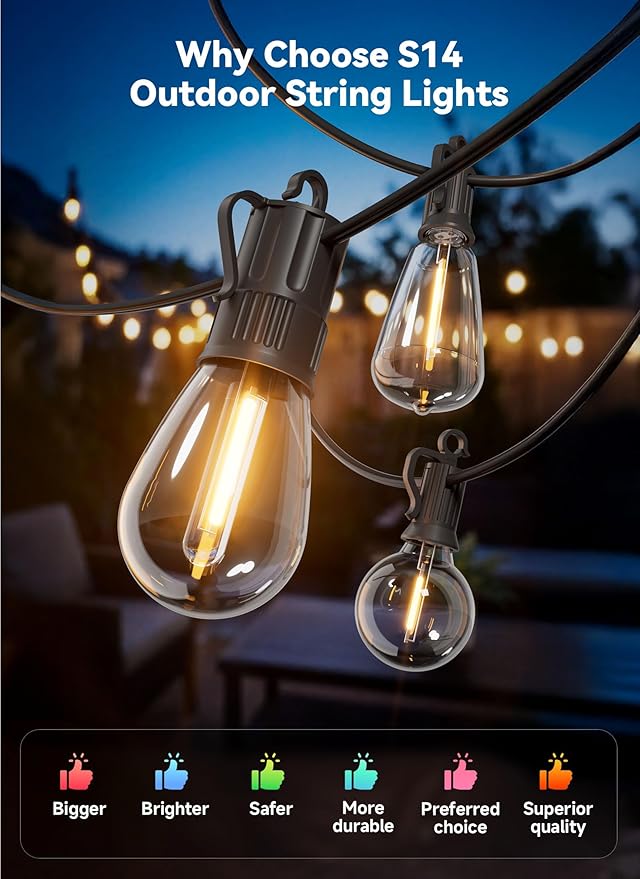 Minetom 101FT Outdoor String LED Patio Lights Waterproof, 46 Shatterproof S14 - Image 2