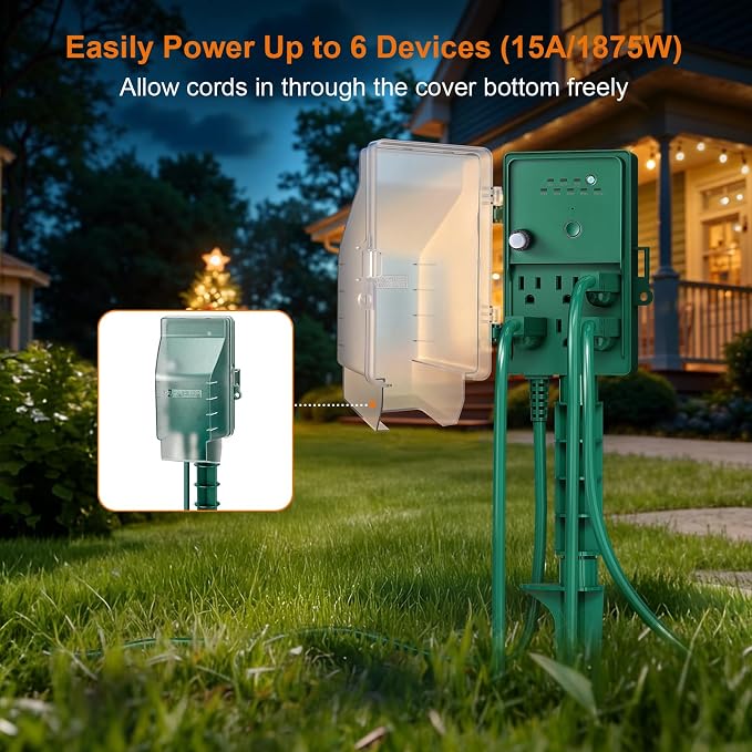 SURAIELEC Outdoor Power Stake, Dusk to Dawn Light Timer, 6 Electrical Outlet - Image 4