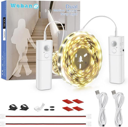 WOBANE Dual Motion Sensor Stair Lights Strip, Rechargeable 16.4ft LED Strip by WOBANE