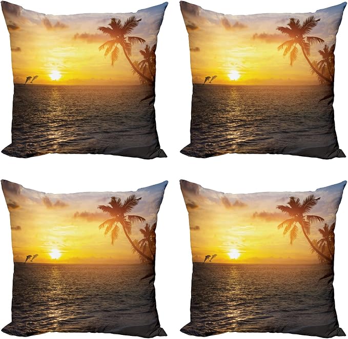Ambesonne Beach Decorative Throw Pillow Case Pack of 4, Palm Trees in Tropical by Ambesonne
