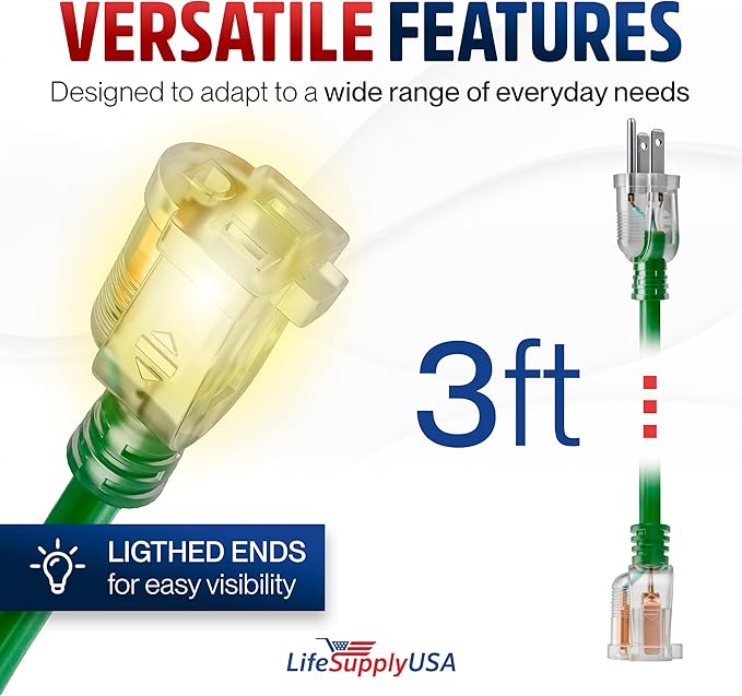 3ft Outdoor/Indoor Extension Cord 14/3 Gauge Heavy Duty 3 Prong SJTW, Waterproof - Image 6