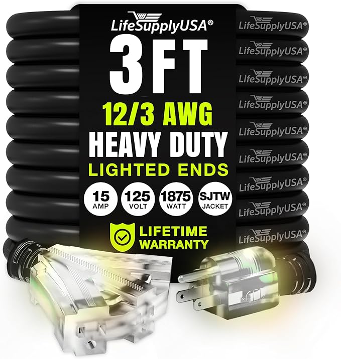 3ft Outdoor/Indoor Extension Cord 3-Outlet 12/3 Gauge Extra Heavy Duty 3 Prong by LifeSupplyUSA