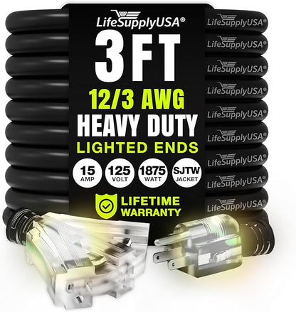 3ft Outdoor/Indoor Extension Cord 3-Outlet 12/3 Gauge Extra Heavy Duty 3 Prong by LifeSupplyUSA