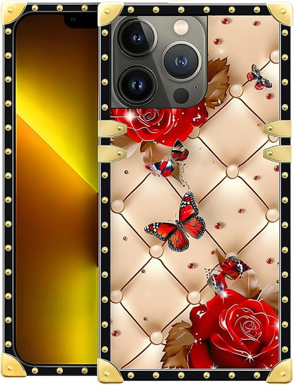 Compatible with iPhone 13 Pro Max Case, Shining Red Rose Butterfly Leather by Unknown