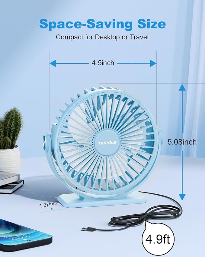 TriPole Small Desk Fan USB Powered Mini Portable Fan, 3 Speeds Strong Breeze - Image 5
