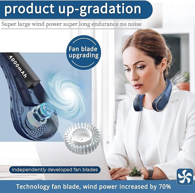 ASNUG Neck Fan, USB Rechargeable Personal Fan, 4000 mAh Battery Operated - Image 2
