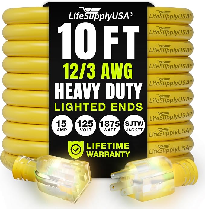 10ft Outdoor/Indoor Extension Cord 12/3 Gauge Extra Heavy Duty 3 Prong SJTW by LifeSupplyUSA