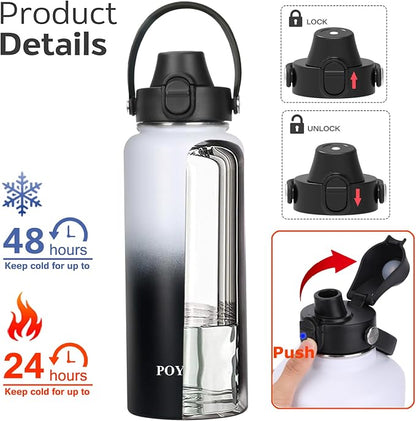 Water Bottle Insulated 32oz 40oz 64oz 128oz Straw Lid Spout Lid & 3 Lids - Image 2