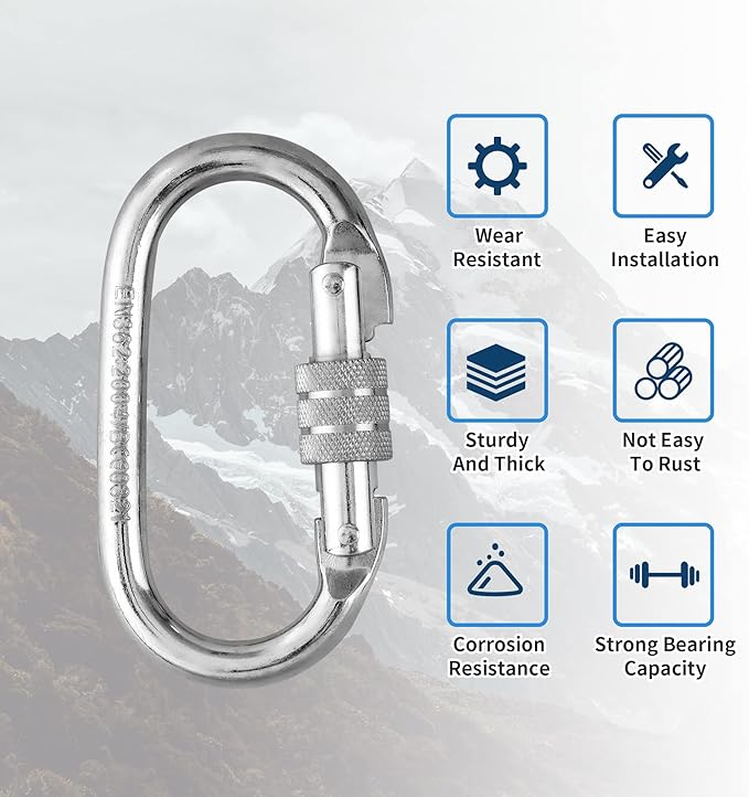 Oval Indoor Outdoor Climbing Carabiner, 25 KN Screw Locking Heavy Duty Safety - Image 2