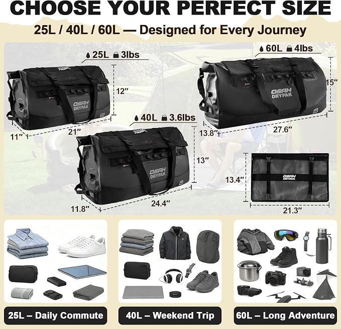 Waterproof Duffel Bag 25L/40L/60L – Heavy-Duty Motorcycle Tail Bag, Roll-Top - Image 2