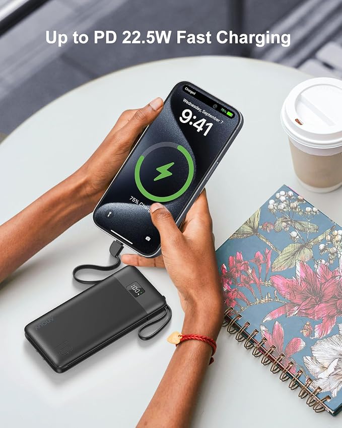 Portable Charger Built-in Cables and AC Wall Plug, 10000mAh 22.5W PD Fast - Image 3
