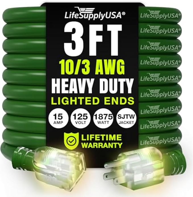3ft Outdoor/Indoor Extension Cord 10/3 Gauge Ultra Heavy Duty 3 Prong SJTW by LifeSupplyUSA