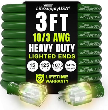 3ft Outdoor/Indoor Extension Cord 10/3 Gauge Ultra Heavy Duty 3 Prong SJTW by LifeSupplyUSA