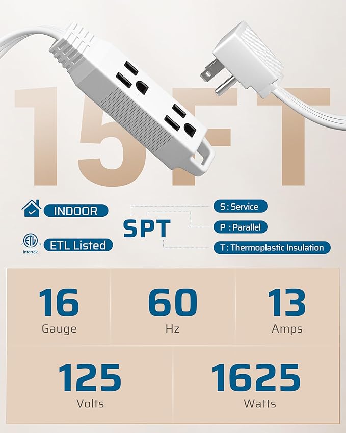 DEWENWILS 15FT Flat Plug Extension Cord, 3 Prong Ultra Thin Power Strip - Image 2