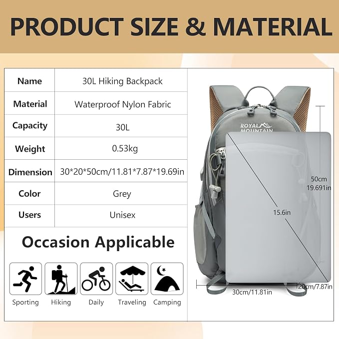 Hiking Backpack With Rain-cover, 30L Travel Backpacks - Image 2