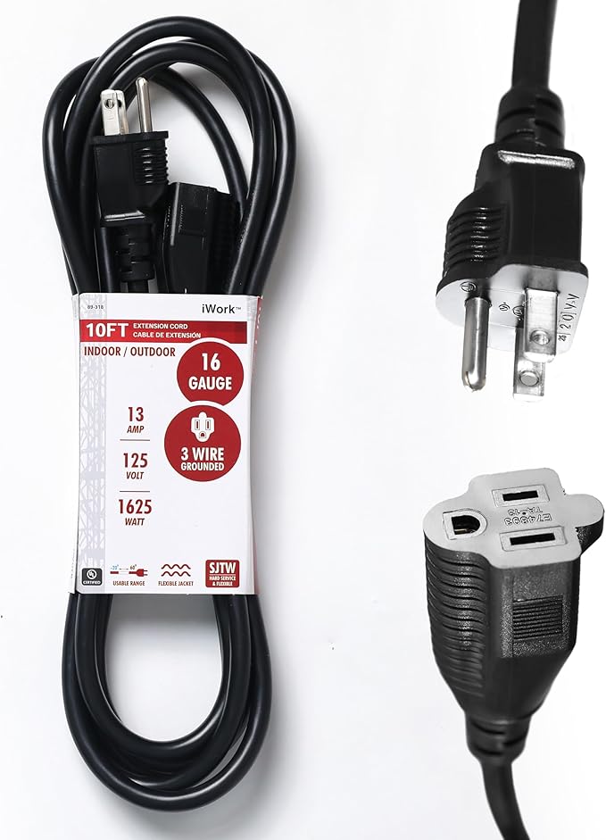 10ft Black Extension Cord, 16/3 SJTW Heavy-Duty, Weather-Resistant Power Strip by iWork