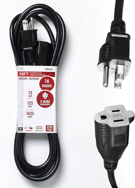 10ft Black Extension Cord, 16/3 SJTW Heavy-Duty, Weather-Resistant Power Strip by iWork