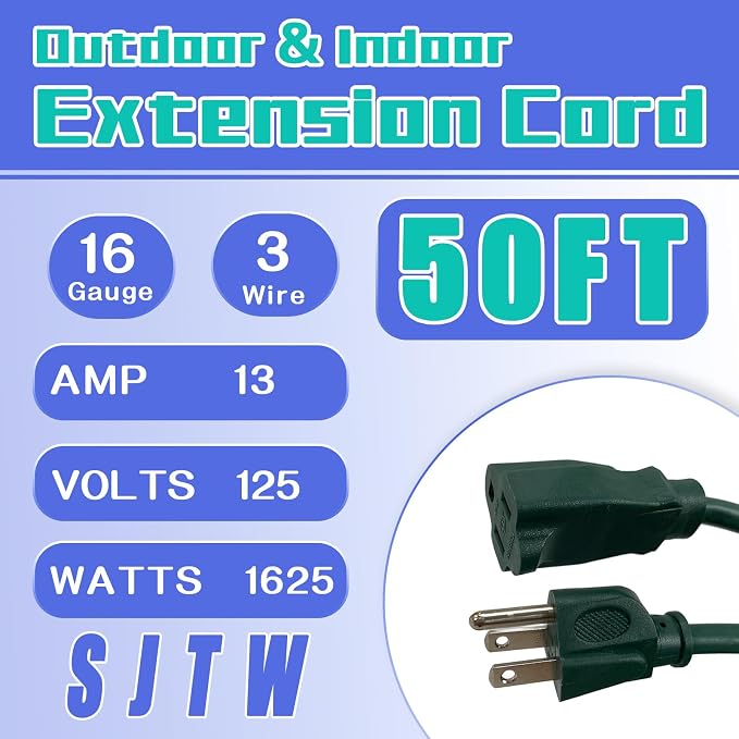 Indoor Outdoor Extension Cord 50 FT, 16/3 SJTW Weatherproof Green Electrical - Image 2