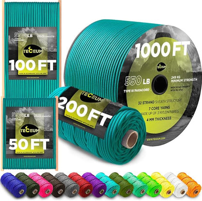 TECEUM 5/32" Paracord Rope 1000 – 1000ft / 200ft / 100ft / 50ft – Tactical by TECEUM