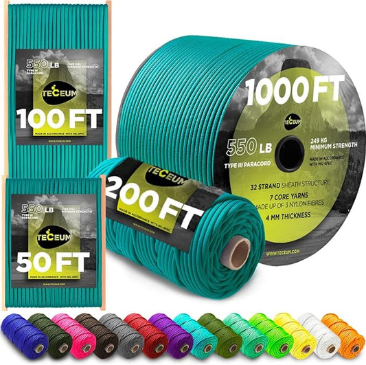 TECEUM 5/32" Paracord Rope 1000 – 1000ft / 200ft / 100ft / 50ft – Tactical by TECEUM