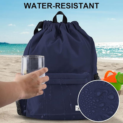 Drawstring Backpack with Mesh Pockets String Gym Bag Sackpack Sandproof Water - Image 3