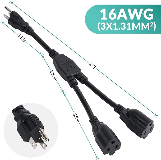 Elecan 3-Prong Y Splitter Power Extension Cord 1 FT, Straight Plug 1 to 2 Way - Image 6