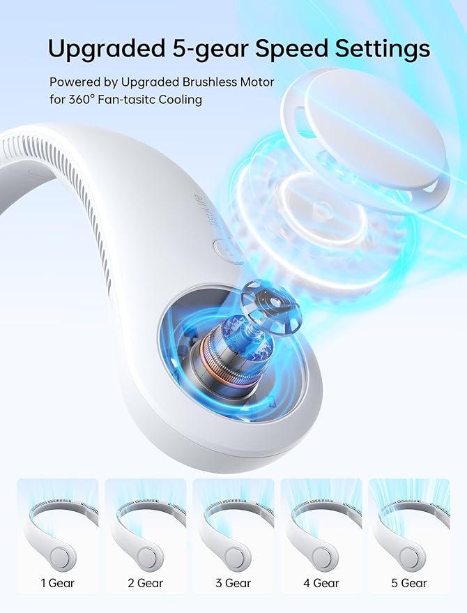 JISULIFE Portable Neck Fan, Hands-Free Bladeless, 5 Speeds, 4000 mAh Battery - Image 3