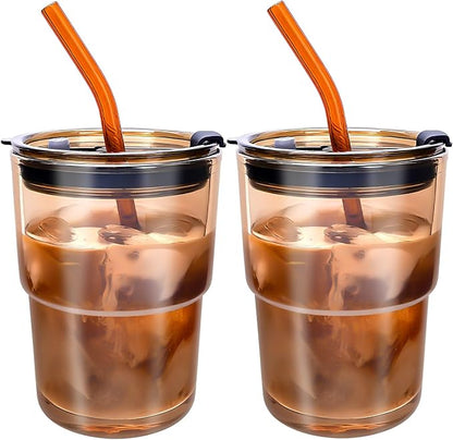 2 PCS Iced Coffee Cups with Lids, 15Oz/450ml Glass Cups With Lids and Straws by WelcomeToColnic
