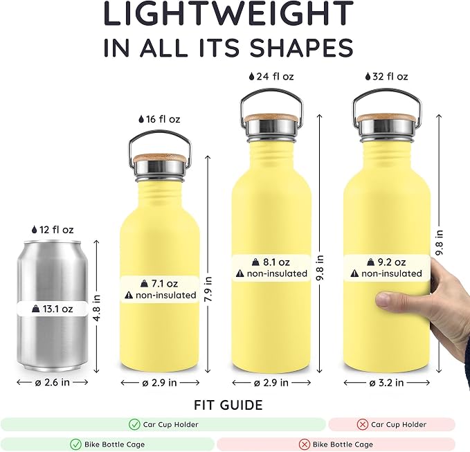 Bambaw Stainless Steel Water Bottle 32 oz, Non-insulated Yellow Beam - Image 5