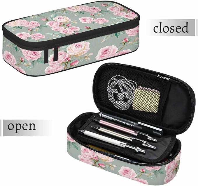 Pink Blooming Flower Pencil Holder Bag Roses Peonies Bouquets Leaves Garden - Image 7