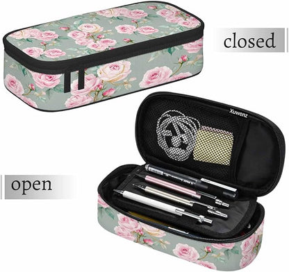 Pink Blooming Flower Pencil Holder Bag Roses Peonies Bouquets Leaves Garden - Image 7