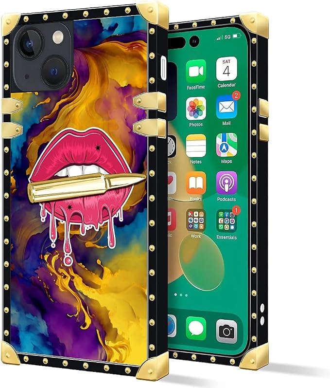 Compatible with iPhone 14 Case, Cool Corlorful Lip Marble Luxury Golden - Image 2