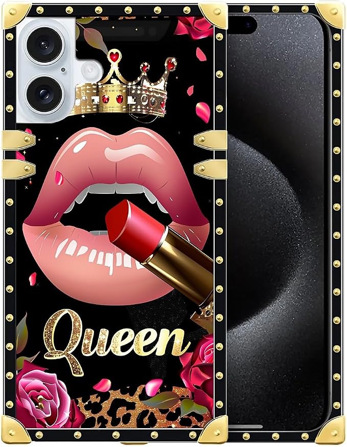 Compatible with iPhone 16 Case, Glitter Red Rose Queen Leopard Lipstick Luxury by Unknown