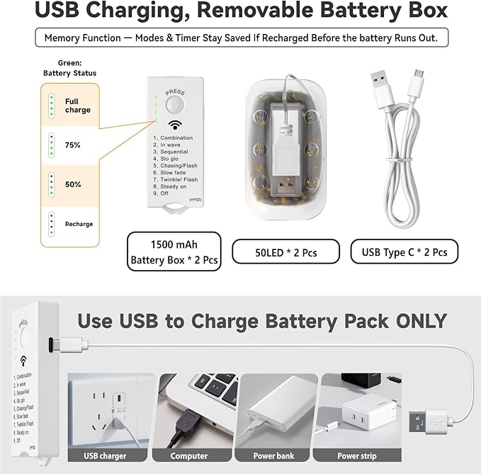 HXWEIYE Rechargeable Fairy Lights Battery Operated, DIY Timer & 8 Modes - Image 6