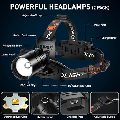 crazybrace Rechargeable Led Headlamp 2Pack, 99000 Lumen Super Bright Head Lamp - Image 6