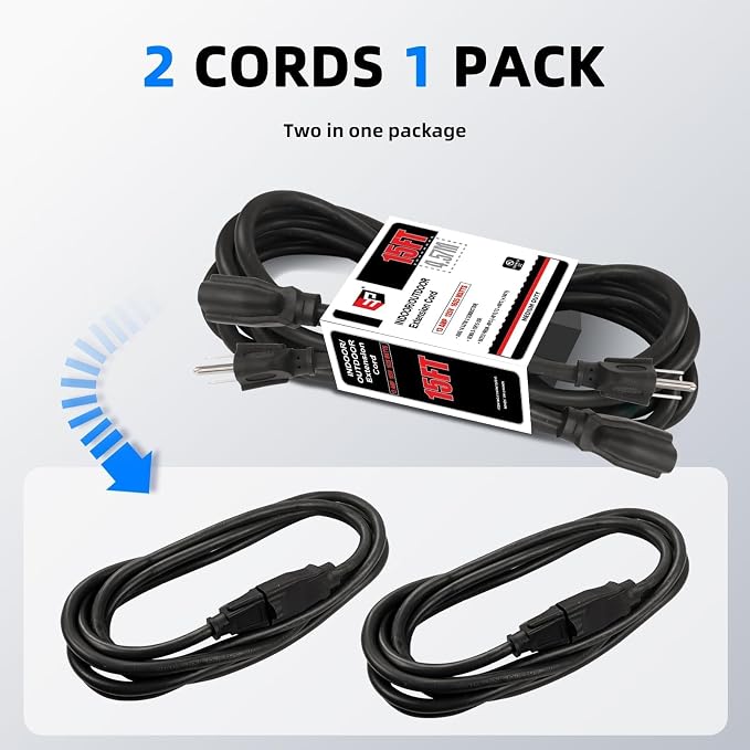 EP 2 Pack 15FT Black Outdoor Extension Cord, 16/3 SJTW Heavy Duty Waterproof - Image 6