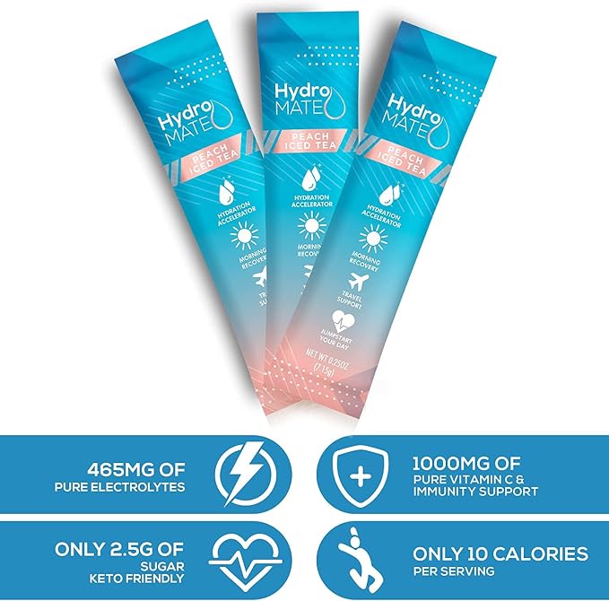 HydroMATE Electrolyte Powder Peach Tea Hydration Packets Low Sugar 30 Count - Image 7