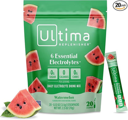 Ultima Replenisher Daily Electrolyte Powder – Watermelon, 20 Stickpacks – Zero by UltimaReplenisher